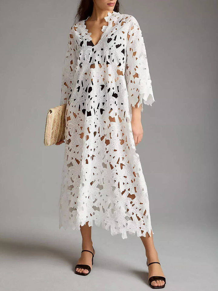 Raquel | Floral Eyelet Long Sleeve Midi Dress