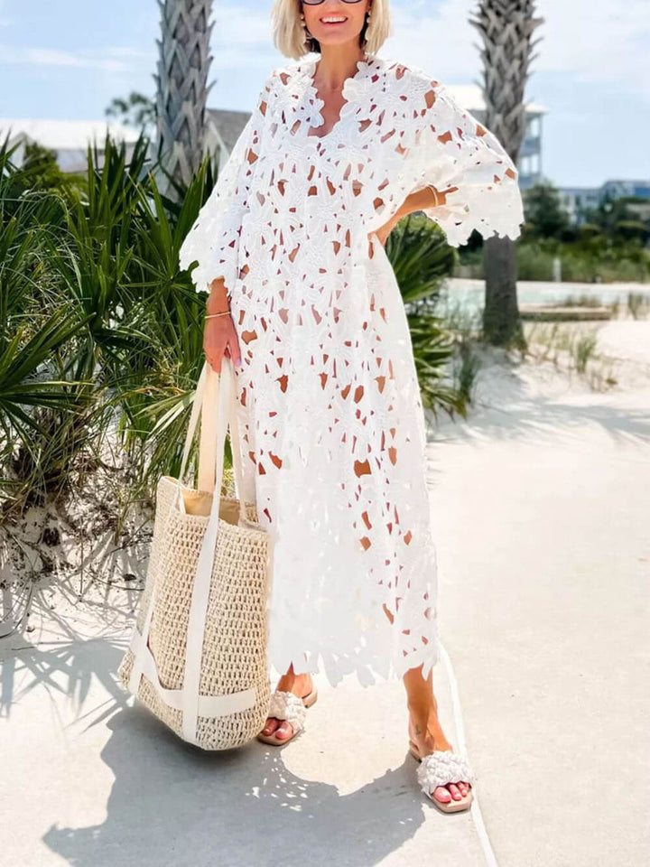 Raquel | Floral Eyelet Long Sleeve Midi Dress