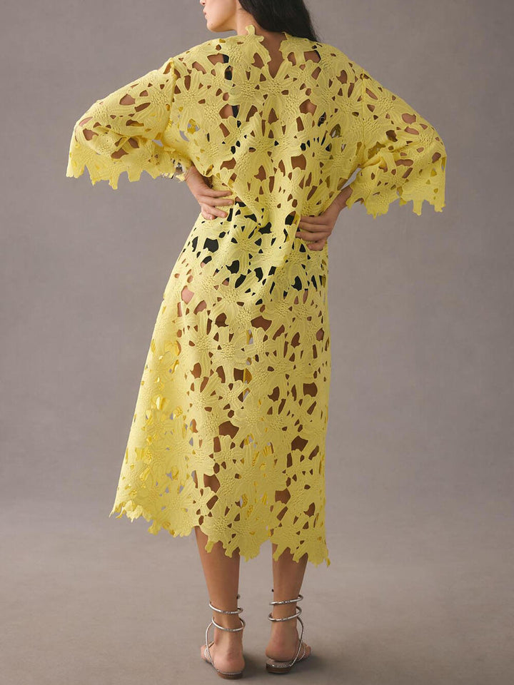 Raquel | Floral Eyelet Long Sleeve Midi Dress