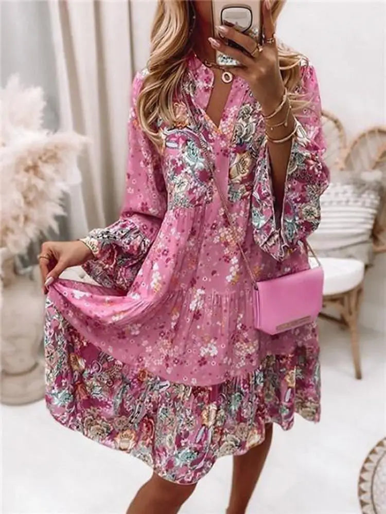 Helena- Floral V-Neck A-Line Dress