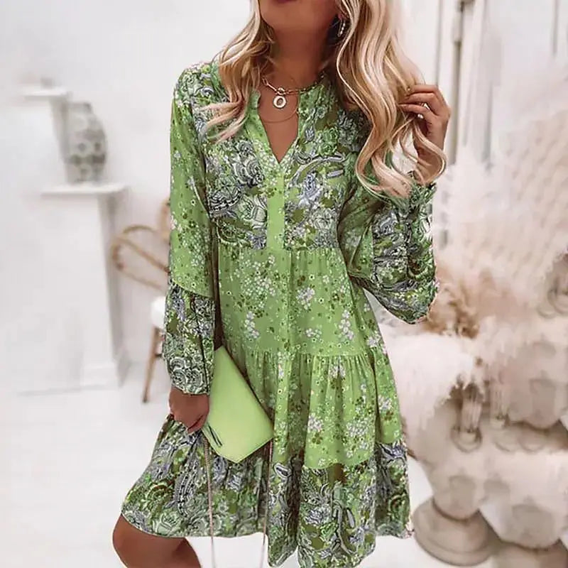 Helena- Floral V-Neck A-Line Dress