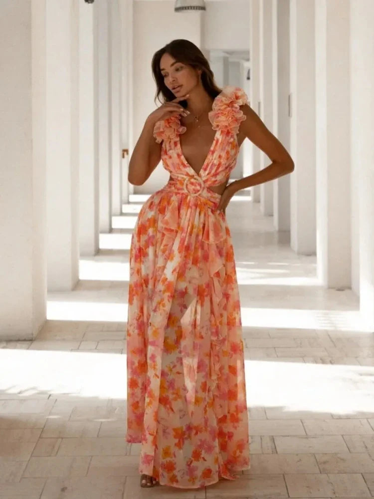 Lexi - Elegant Backless Ruffles Maxi Dress